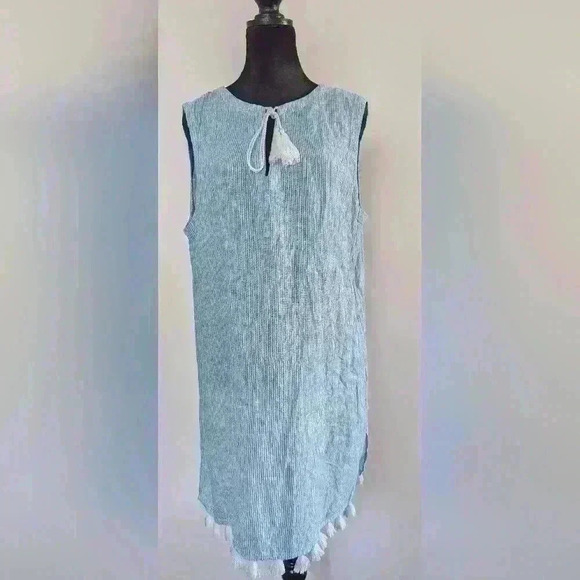 Tahari Dresses & Skirts - Tahari Women's Blue Striped Semi-Sheer Dress Cover-Up Size Medium Tassel Hem